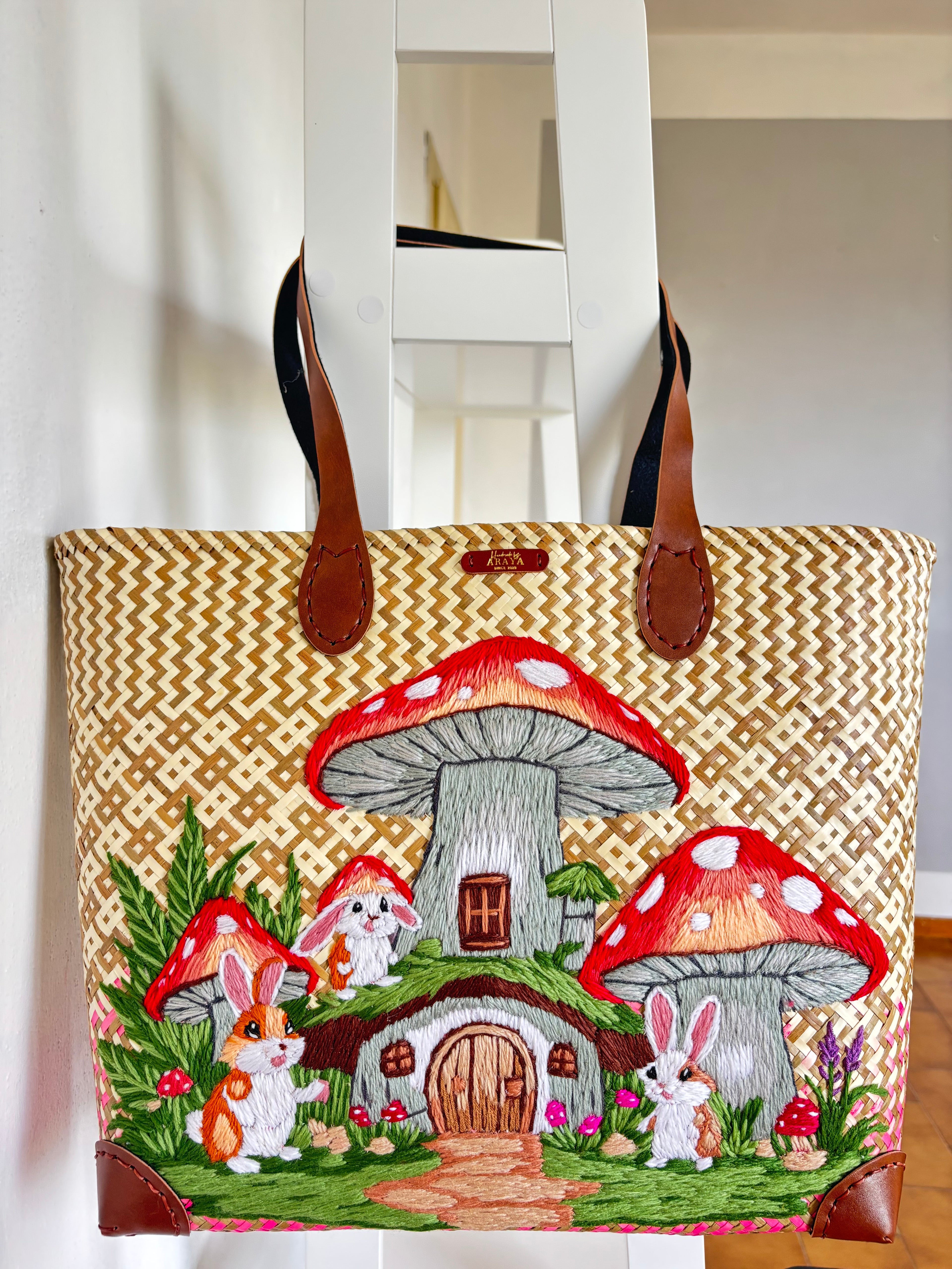 Large Handwoven Krajood Woodland Tote Bag – Mushroom Village Design 🍄🐇
