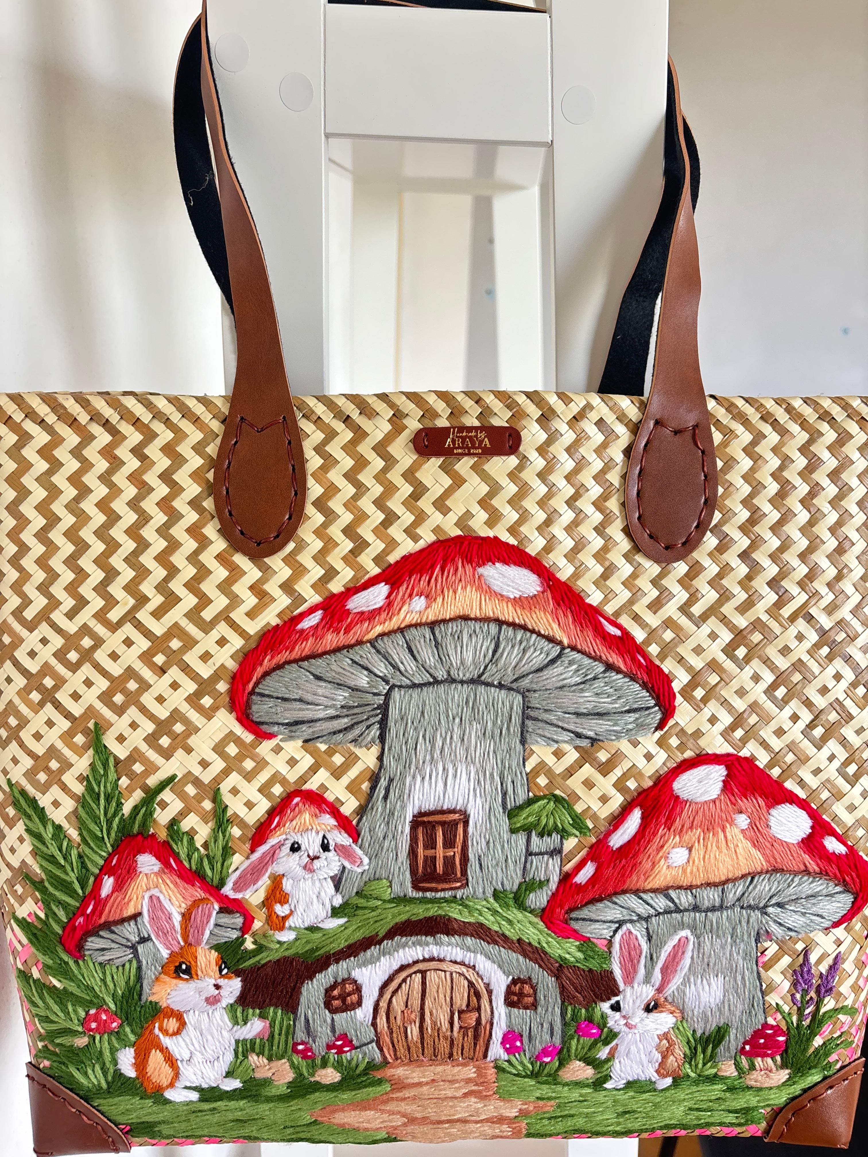 Large Handwoven Krajood Woodland Tote Bag – Mushroom Village Design 🍄🐇