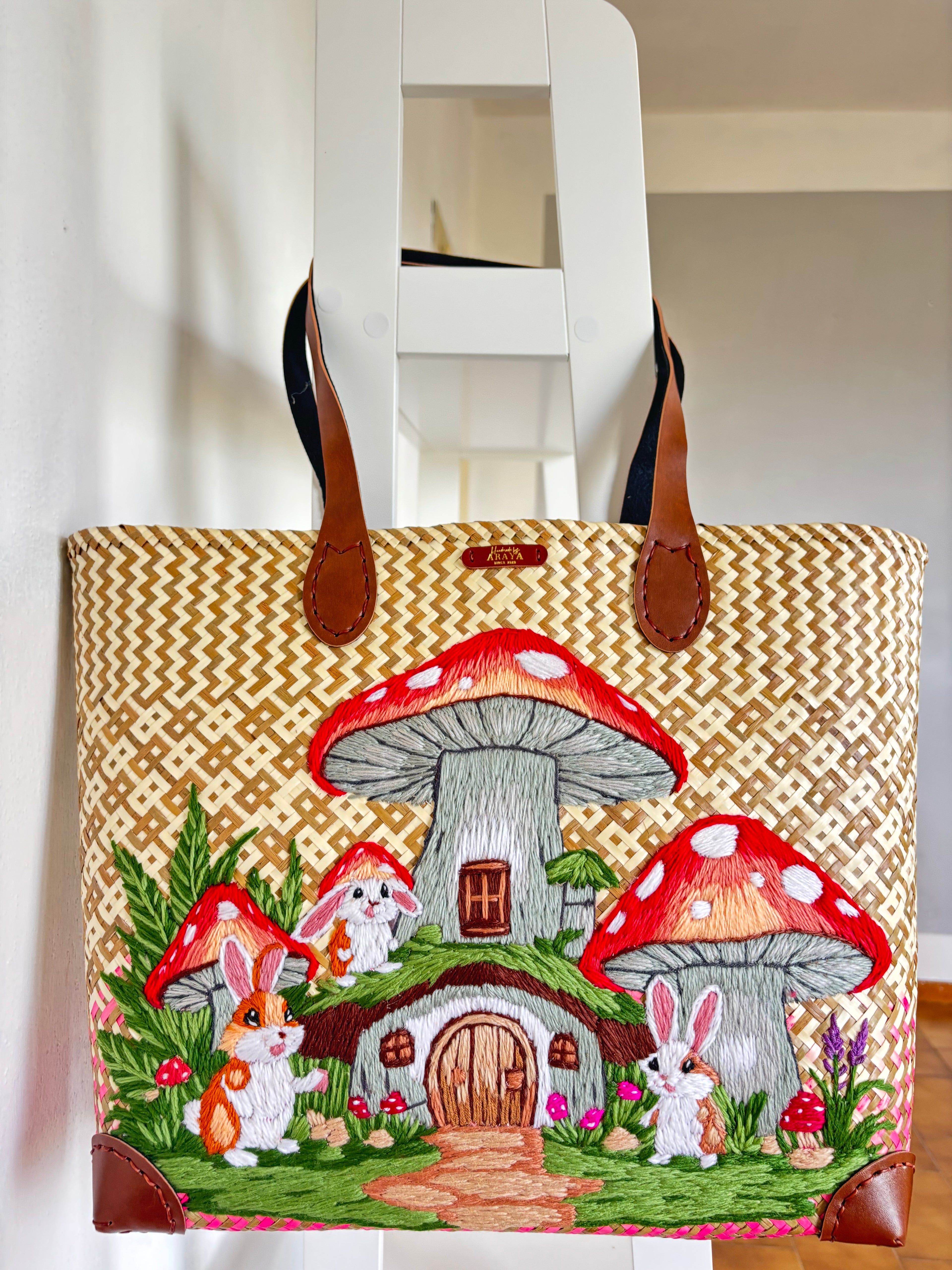 Large Handwoven Krajood Woodland Tote Bag – Mushroom Village Design 🍄🐇