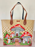 Large Handwoven Krajood Woodland Tote Bag – Mushroom Village Design 🍄🐇