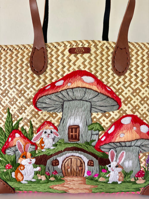Large Handwoven Krajood Woodland Tote Bag – Mushroom Village Design 🍄🐇