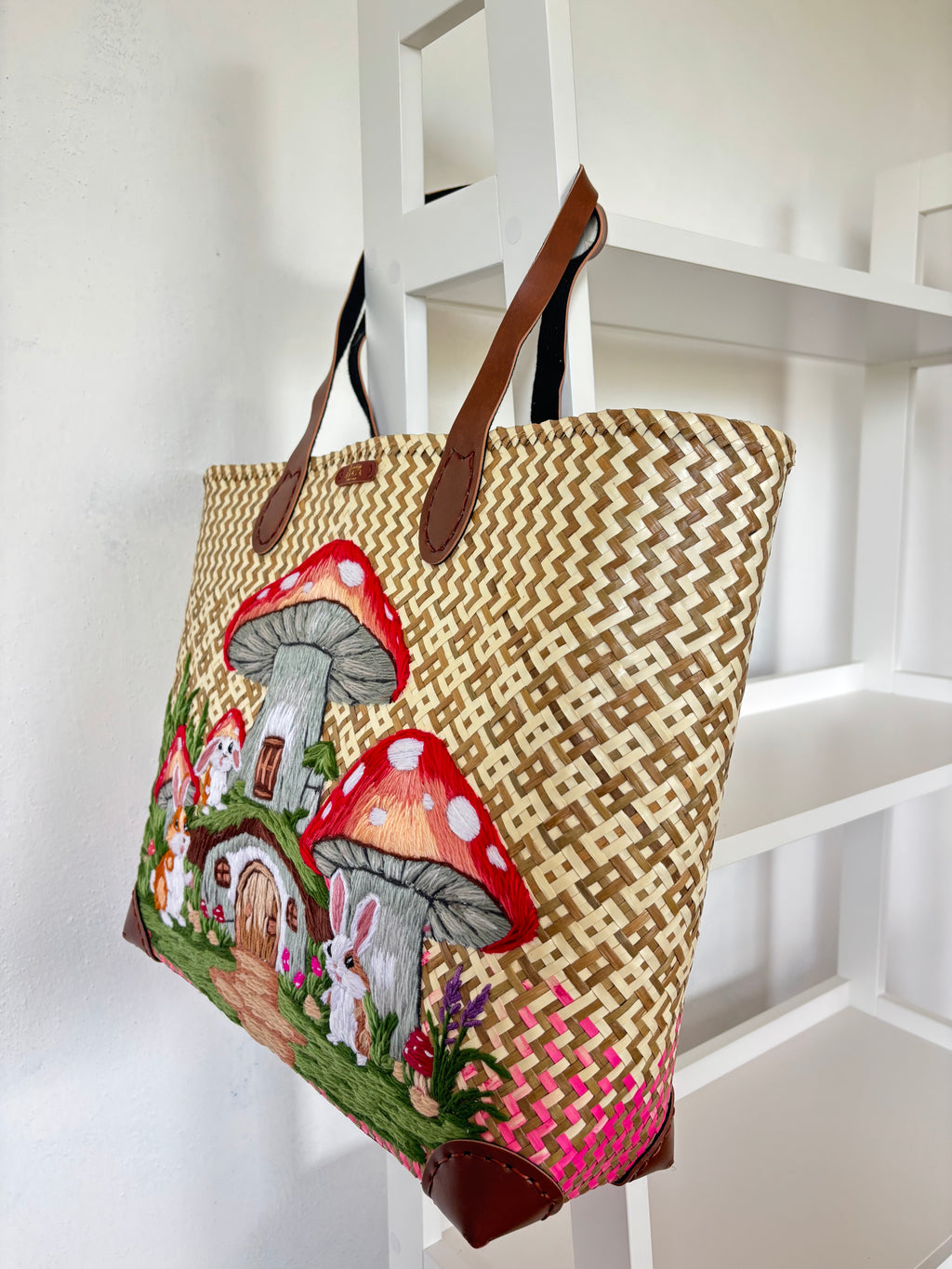 Large Handwoven Krajood Woodland Tote Bag – Mushroom Village Design 🍄🐇