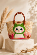 Natural Woven Bag in Green Cat Style!